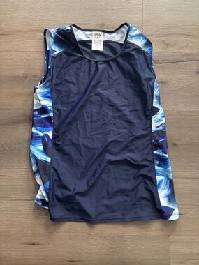 Women’s Navy Blue Tank Swim Top with Blue Patterned Sides Modli